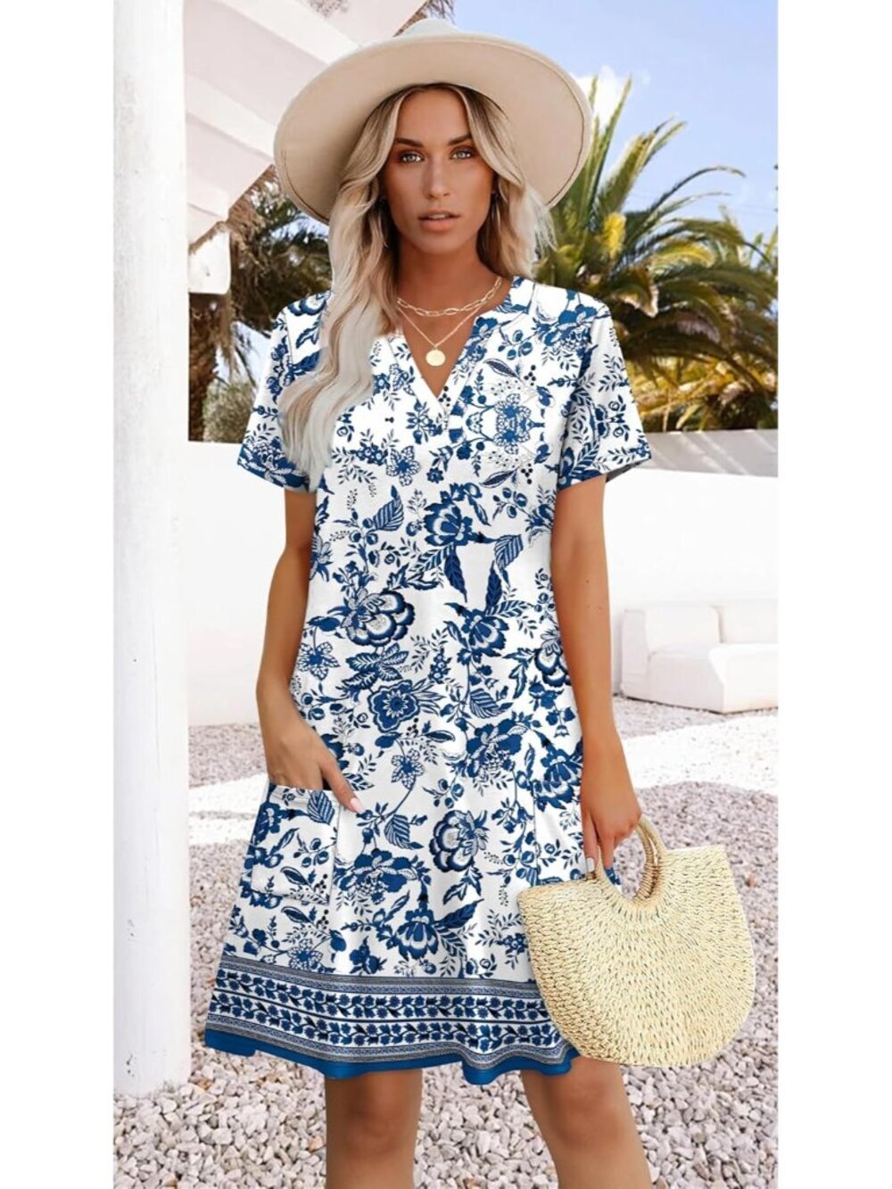 Women V Neck Summer Casual Dress Hawaiian Midi Wedding Guest Beach Vacation - Picture 2 of 5